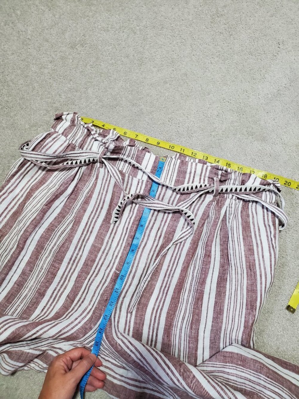 H&M x LEMLEM 100% Linen 28" Paperbag Pants Red White Stripe XL Belt Beach Travel - Picture 13 of 14